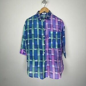 Terra SJ Apparel Button Up Top S Teal Purple Watercolor Geometric‎ Boho